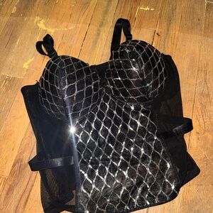 Y2K Oppa Women’s Black Corset Sequin Mesh Top in 2x
